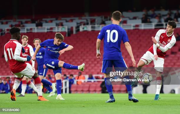 Billy Gilmour of Chelsea shoots and scores his side's first goal during the FA Youth Cup Final second leg between Chelsea and Arsenal at Emirates...