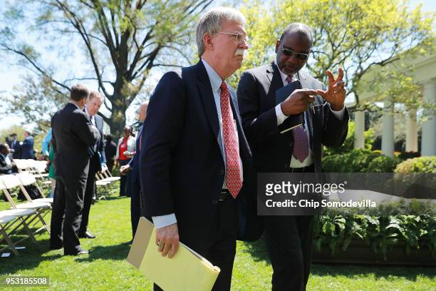 White House National Security Advisor John Bolton leaves the Rose Garden following a joint news conference with President Donald Trump and Nigerian...