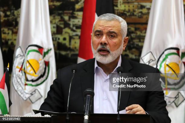 Ismail Haniya, the Head of the Palestinian Islamist movement Hamas, delivers a speech in Gaza City on April 30, 2018.