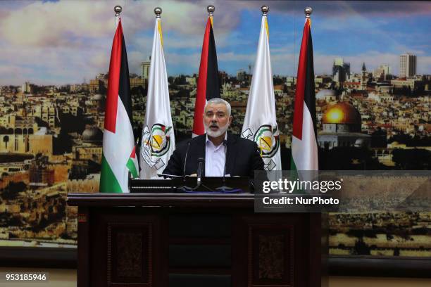Ismail Haniya, the Head of the Palestinian Islamist movement Hamas, delivers a speech in Gaza City on April 30, 2018.