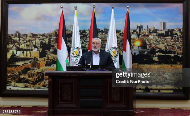 Ismail Haniya, the Head of the Palestinian Islamist movement Hamas, delivers a speech in Gaza City on April 30, 2018.