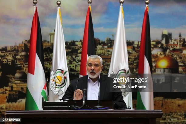 Ismail Haniya, the Head of the Palestinian Islamist movement Hamas, delivers a speech in Gaza City on April 30, 2018.