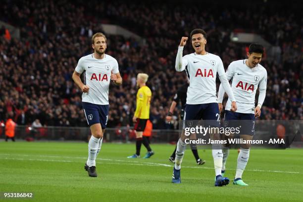 Dele Alli of Tottenham celebrates after scoring a goal to make it 1-0 during the Premier League match between Tottenham Hotspur and Watford at...