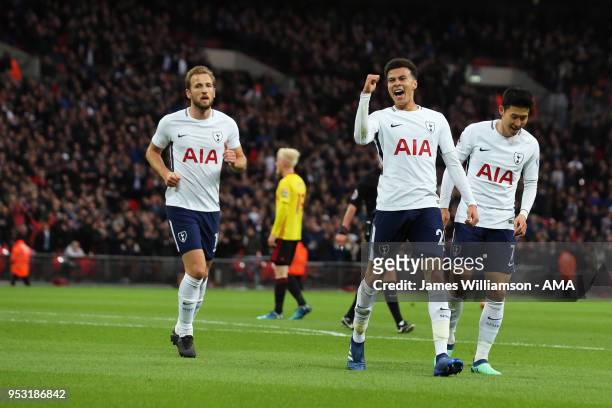 Dele Alli of Tottenham celebrates after scoring a goal to make it 1-0 during the Premier League match between Tottenham Hotspur and Watford at...