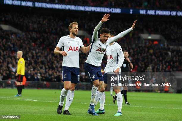 Dele Alli of Tottenham celebrates after scoring a goal to make it 1-0 during the Premier League match between Tottenham Hotspur and Watford at...