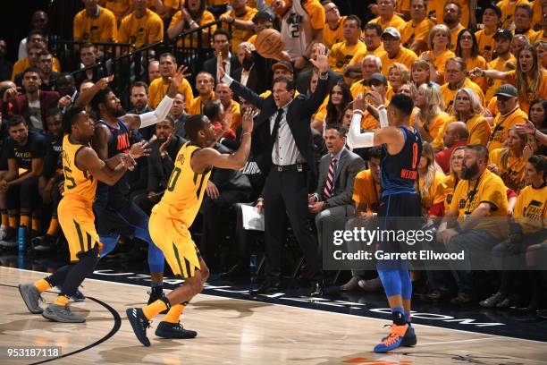 Head Coach Quin Snyder of the Utah Jazz in Game Six of the Western Conference Quarterfinals against the Oklahoma City Thunder during the 2018 NBA...