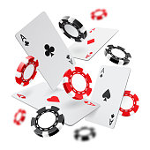 Falling aces and casino chips with blurred elements on white background. Playing cards, red and black money chips fly. The concept of winning or gambling. Poker and card games. Vector illustration