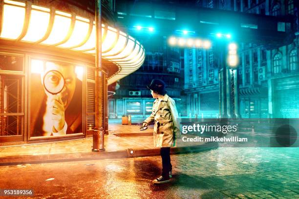 kid detective on investigation stumble upon surveillance by big brother on a tv screen - smart street light stock pictures, royalty-free photos & images