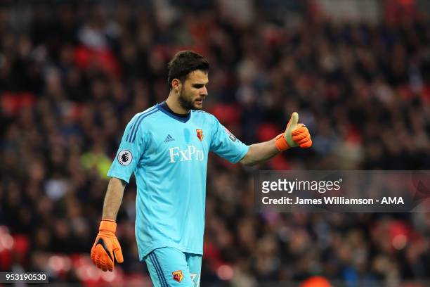 Orestis Karnezis of Watford during the Premier League match between Tottenham Hotspur and Watford at Wembley Stadium on April 30, 2018 in London,...