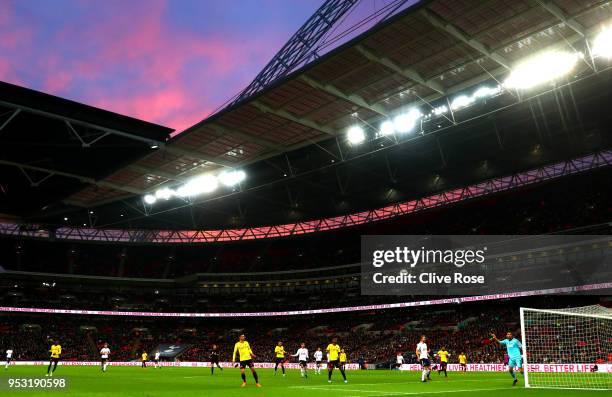 General view inside the stadium during the Premier League match between Tottenham Hotspur and Watford at Wembley Stadium on April 30, 2018 in London,...