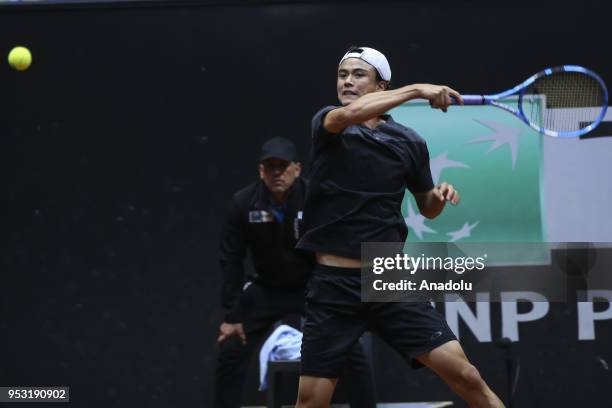 Taro Daniel of Japan in action against Matteo Berettini of Italia during the TEB BNP Paribas Istanbul Cup men's singles tennis match at the Garanti...