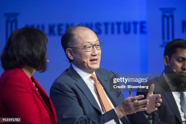 Jim Yong Kim, president of the World Bank Group, speaks during the Milken Institute Global Conference in Beverly Hills, California, U.S., on Monday,...