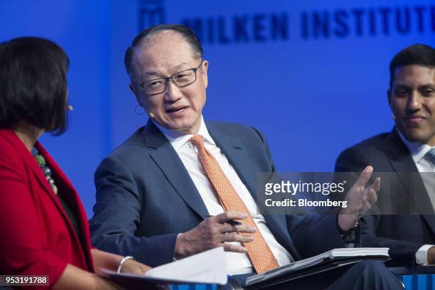 Jim Yong Kim, president of the World Bank Group, speaks during the Milken Institute Global Conference in Beverly Hills, California, U.S., on Monday,...