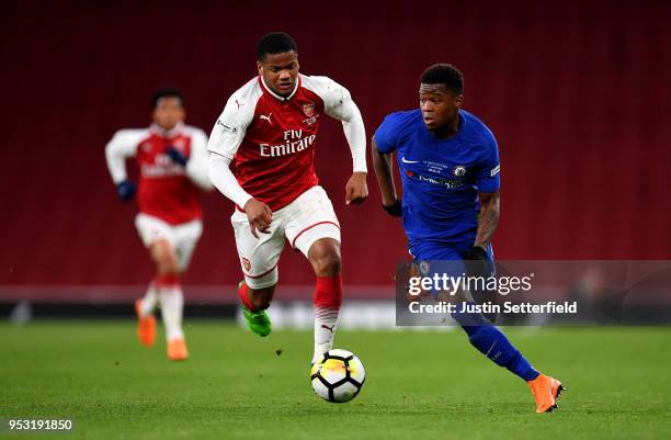Vontae Daley-Campbell of Arsenal and Daishawn Redan of Chelsea battle for the ball during the FA Youth Cup Final: Second Leg between Chelsea and...