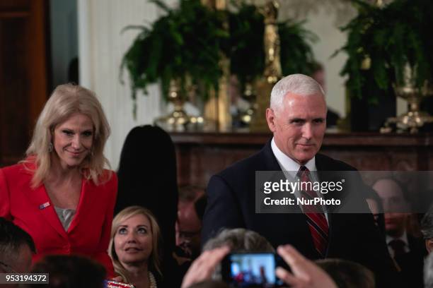 White House counselor Kellyanne Conway, and U.S. VP Mike Pence, attend the joint press conference of U.S. President Donald Trump, and Germany's...