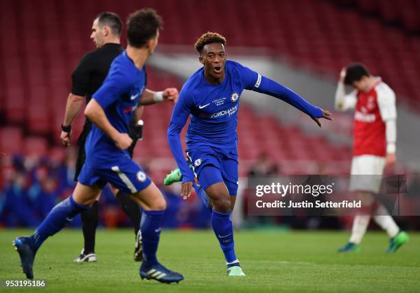 Callum Hudson-Odoi of Chelsea celebrates scoring his side's second goal during the FA Youth Cup Final second leg between Chelsea and Arsenal at...