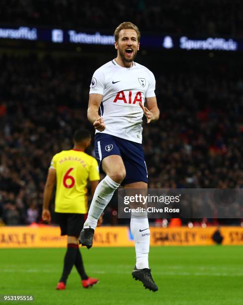 Harry Kane of Tottenham Hotspur celebrates scoring his side's second goal during the Premier League match between Tottenham Hotspur and Watford at...