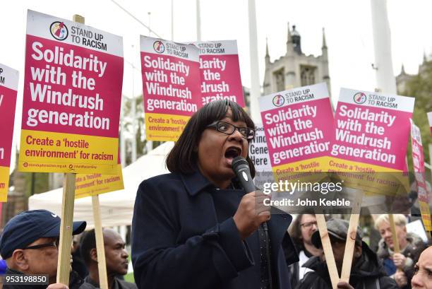 Labour Party Shadow Home Secretary, Diane Abbott speaks at a Stand Up To Racism Windrush Amnesty Demo at Parliament Square on April 30, 2018 in...