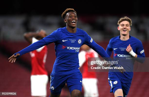 Callum Hudson-Odoi of Chelsea celebrates his second goal, Chelsea's fourth during the FA Youth Cup Final second leg between Chelsea and Arsenal at...