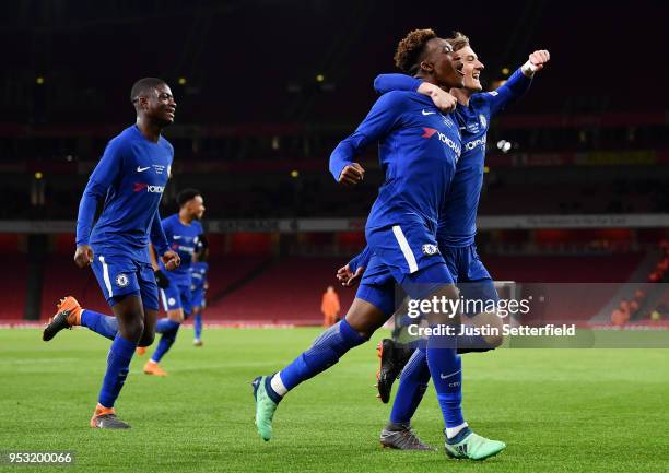 Callum Hudson-Odoi of Chelsea celebrates his second goal, Chelsea's fourth, with team mates during the FA Youth Cup Final second leg between Chelsea...