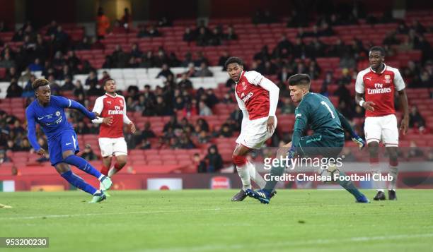 Callum Hudson-Odoi of Chelsea scores the fourth goal during the Arsenal v Chelsea FA Youth Cup Final Second Leg at Emirates Stadium on April 30, 2018...