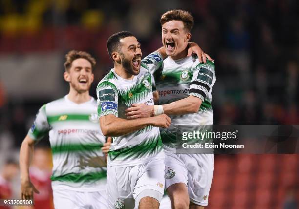 Dublin , Ireland - 30 April 2018; Roberto Lopes, centre, of Shamrock Rovers celebrates with team-mate Ronan Finn after scoring his side's third goal...