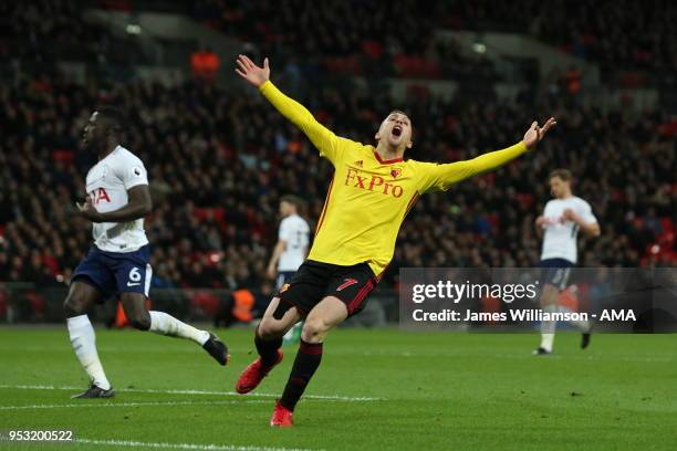 Gerard Deulofeu of Watford reacts after his goal is chalked off for offside during the Premier League match between Tottenham Hotspur and Watford at...