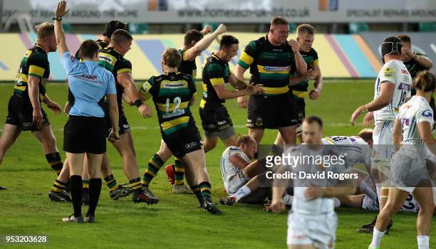 Northampton Wanderers celebrate their victory at the final whistle during the Aviva A League Final between Northampton Wanderers and Exeter Braves at...