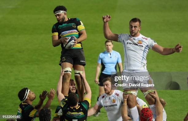 Lewis Ludlam of Northampton wins the lineout during the Aviva A League Final between Northampton Wanderers and Exeter Braves at Franklin's Gardens on...