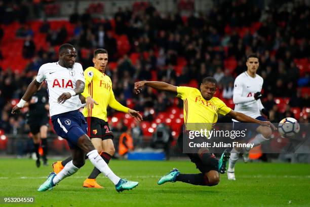Moussa Sissoko of Tottenham Hotspur shoots and misses during the Premier League match between Tottenham Hotspur and Watford at Wembley Stadium on...