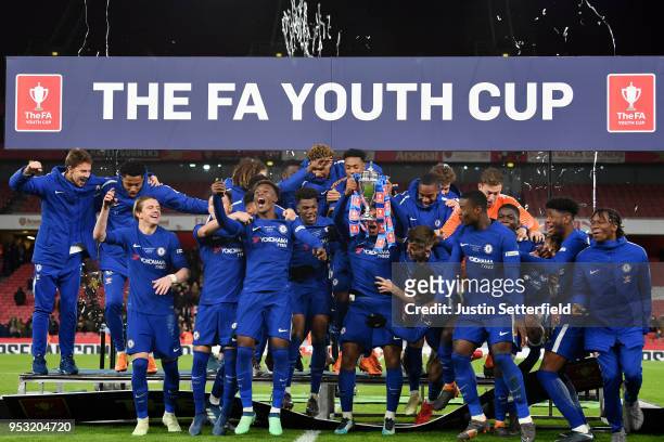 Chelsea celebrate victory following the FA Youth Cup Final second leg between Chelsea and Arsenal at Emirates Stadium on April 30, 2018 in London,...