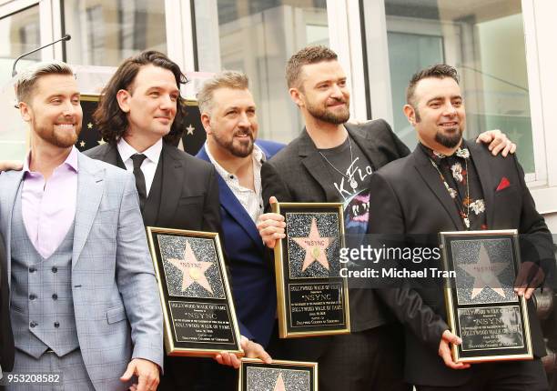Justin Timberlake, JC Chasez, Chris Kirkpatrick, Joey Fatone and Lance Bass of NSYNC attends the ceremony honoring NSYNC with a Star on The Hollywood...