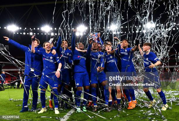 Chelsea celebrate winning the FA Youth Cup Final after the FA Youth Cup Final: Second Leg between Chelsea and Arsenal at Emirates Stadium on April...