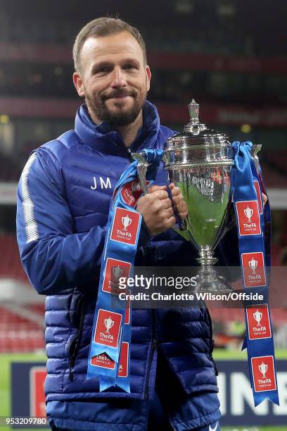 Chelsea manager Jody Morris poses with the trophy during The Youth Cup Final, Second Leg between Arsenal and Chelsea at Emirates Stadium on April 30,...