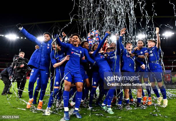 Chelsea celebrate winning the FA Youth Cup Final after the FA Youth Cup Final: Second Leg between Chelsea and Arsenal at Emirates Stadium on April...