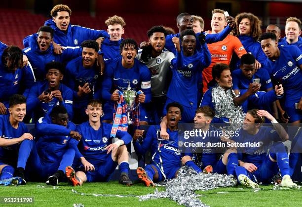 Chelsea celebrate winning the FA Youth Cup Final after the FA Youth Cup Final: Second Leg between Chelsea and Arsenal at Emirates Stadium on April...