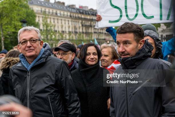 Leader of the French Communist Party Pierre Laurent and French anti-capitalist party NPA leader Olivier Besancenot take part in a rally in support of...