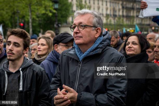 Leader of the French Communist Party Pierre Laurent takes part in a rally in support of social struggles organized by left-wing political parties and...