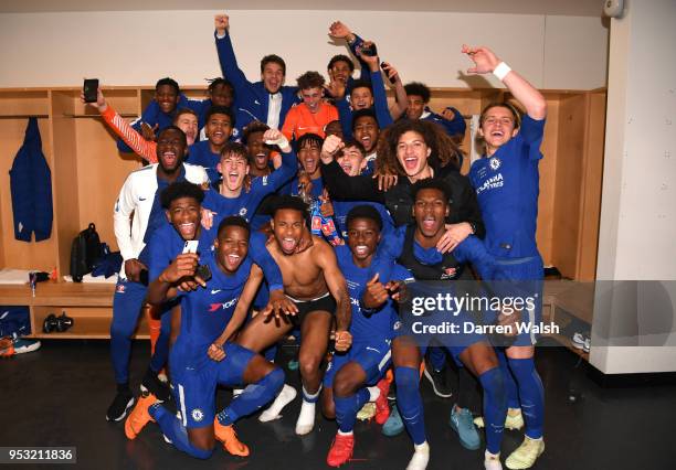 Chelsea celebrate their victory following the FA Youth Cup Final second leg between Chelsea and Arsenal at Emirates Stadium on April 30, 2018 in...