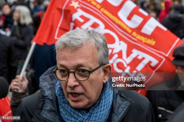 Leader of the French Communist Party Pierre Laurent takes part in a rally in support of social struggles organized by left-wing political parties and...
