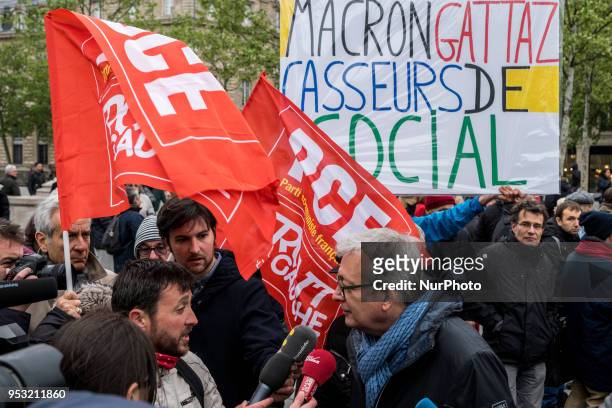 Leader of the French Communist Party Pierre Laurent takes part in a rally in support of social struggles organized by left-wing political parties and...