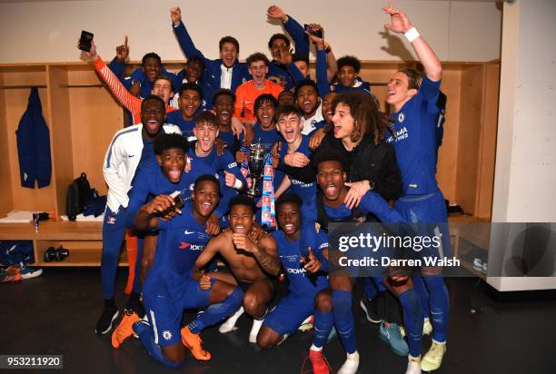 Chelsea celebrate their victory following the FA Youth Cup Final second leg between Chelsea and Arsenal at Emirates Stadium on April 30, 2018 in...