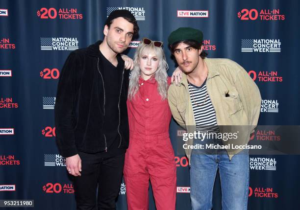 Taylor York, Hayley Williams, and Zac Farro of Paramore attend Live Nation's celebration of the 4th annual National Concert Week at Live Nation on...