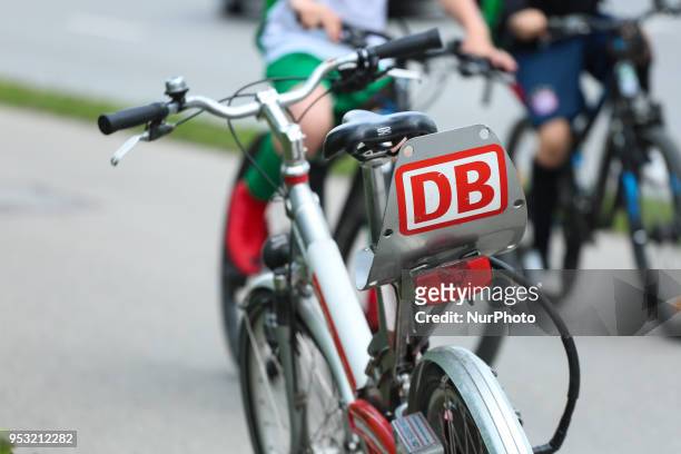 The logo of the Deutsche Bahn is seen on a bycicle in Munich.