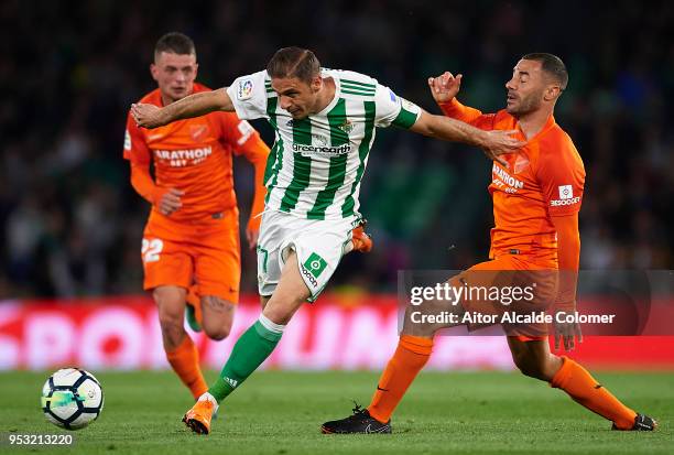 Joaquin Sanchez of Real Betis Balompie competes for the ball with Federico Ricca of Malaga CF during the La Liga match between Real Betis and Malaga...