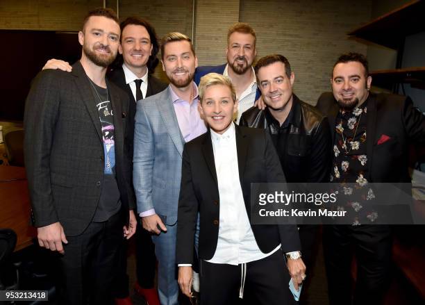 Ellen DeGeneres and Carson Daly attend the ceremony as Justin Timberlake, JC Chasez, Lance Bass, Joey Fatone and Chris Kirkpatrick of NSYNC are...