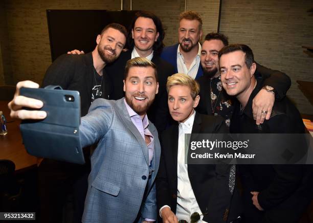 Ellen DeGeneres and Carson Daly attend the ceremony as Justin Timberlake, JC Chasez, Lance Bass, Joey Fatone and Chris Kirkpatrick of NSYNC are...