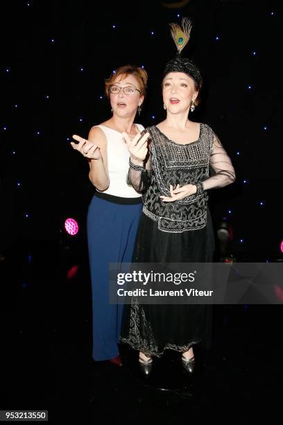 Actress Catherine Frot poses with her wax statue during Catherine Frot waxwork unveiling at Musee Grevin on April 30, 2018 in Paris, France.