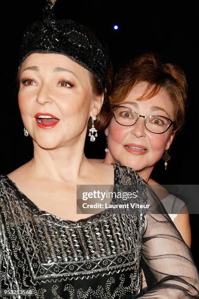 Actress Catherine Frot poses with her wax statue during Catherine Frot waxwork unveiling at Musee Grevin on April 30, 2018 in Paris, France.