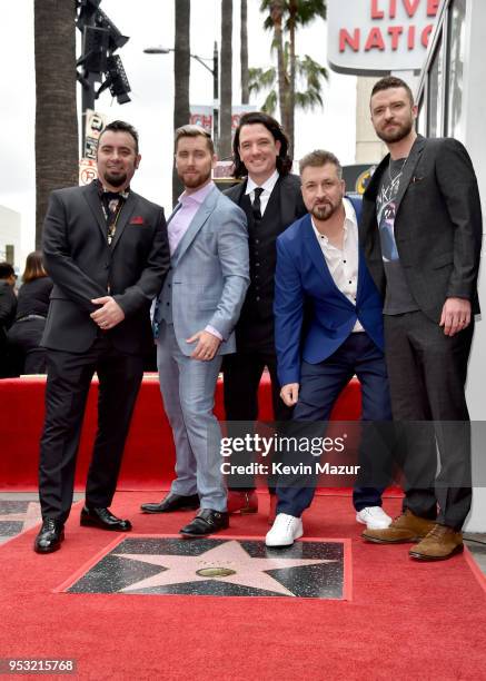 Chris Kirkpatrick, Lance Bass, JC Chasez, Joey Fatone and Justin Timberlake of NSYNC are honored with a star on the Hollywood Walk of Fame on April...